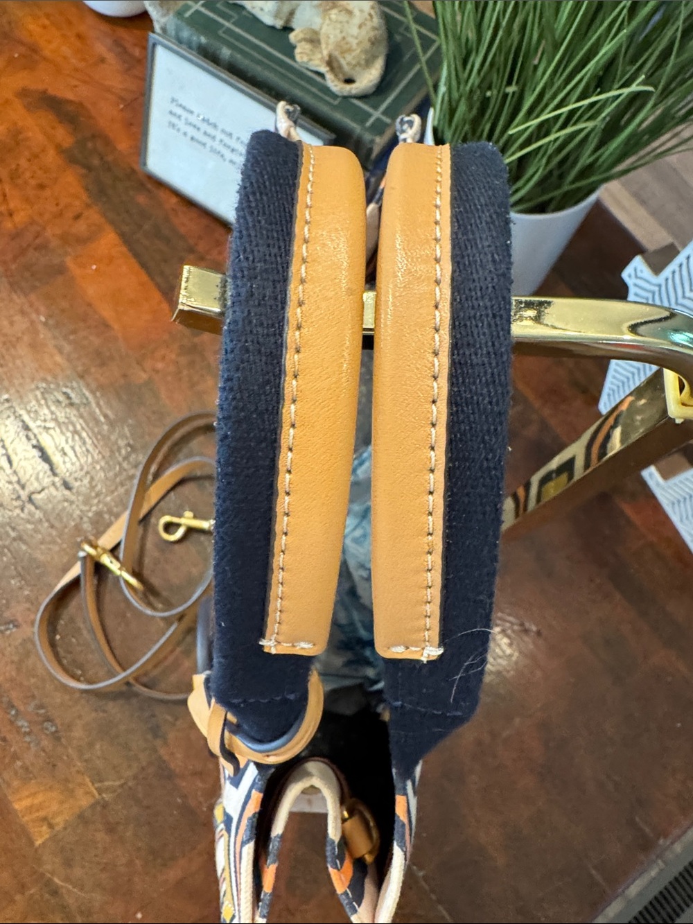 Tory Burch Navy, Coral & Mustard Geometric Canvas Tote with Tan Leather Strap - Picture 4 of 12